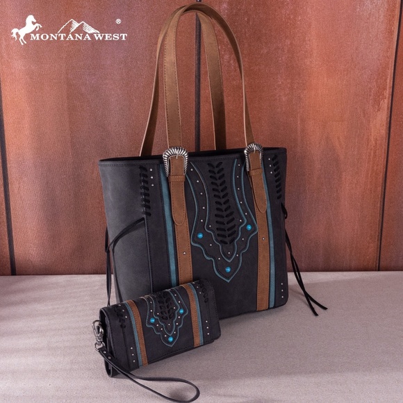 Montana West Buckle Collection Concealed Carry Tote Wallet Set Black - Picture 1 of 7
